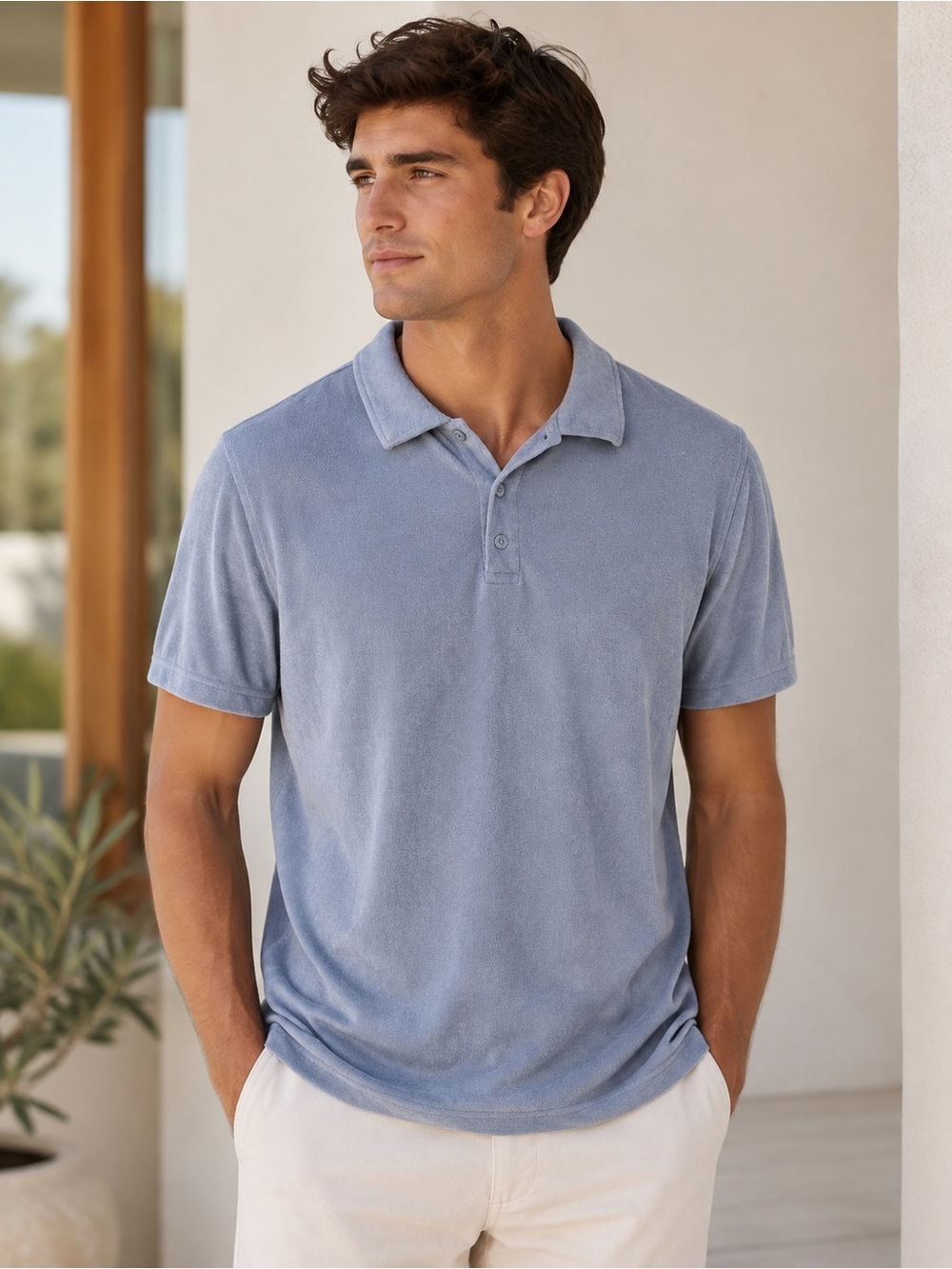 C&C California Light Blue Terry Polo Shirt Size M Resortwear Beach Minimalist
